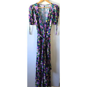 Happy x Nature Jumpsuit Womens 4 Purple Floral Plunge Wide Leg Flowy Boho Belted